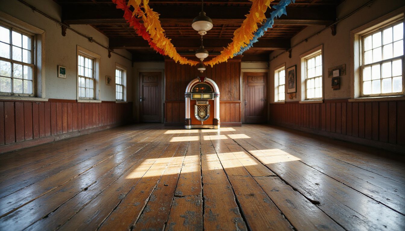 Pista de baile de madera envejecida con decoraciones vibrantes y una máquina de discos vintage.