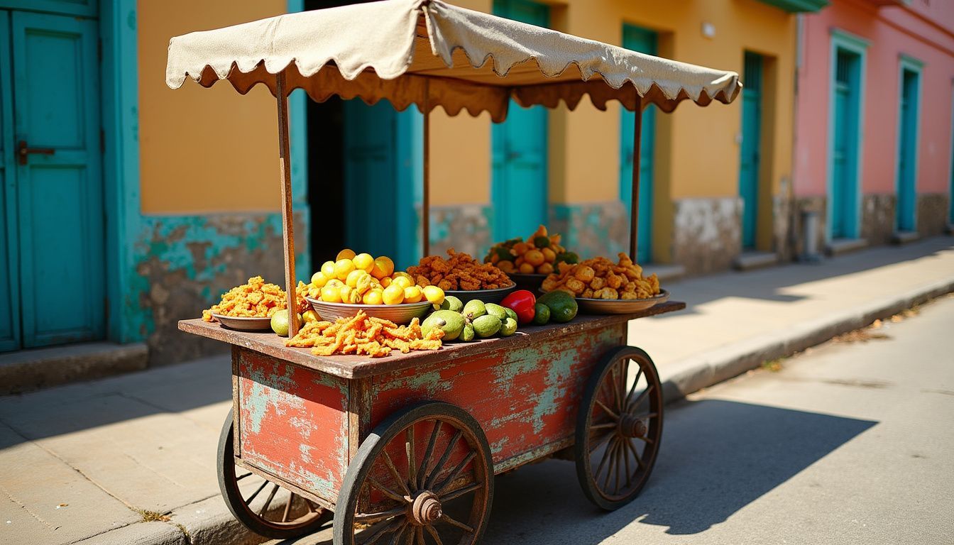 Un carrito callejero rústico muestra bocadillos fritos coloridos e ingredientes frescos.
