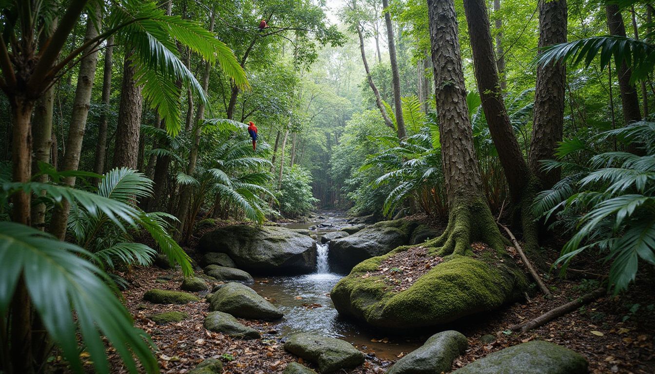 Exuberante selva tropical de República Dominicana con una vibrante vida silvestre y cascadas.