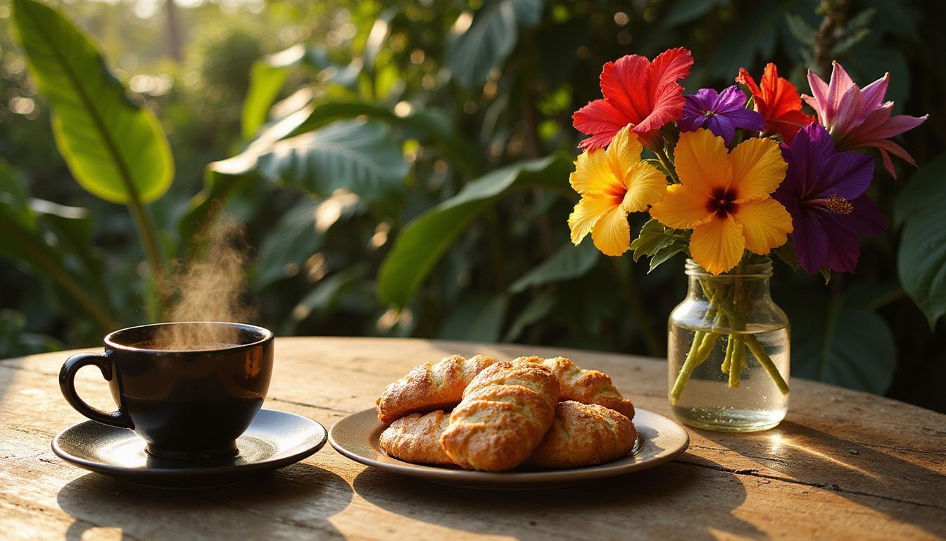 Una escena matutina serena con café, pasteles y flores tropicales.