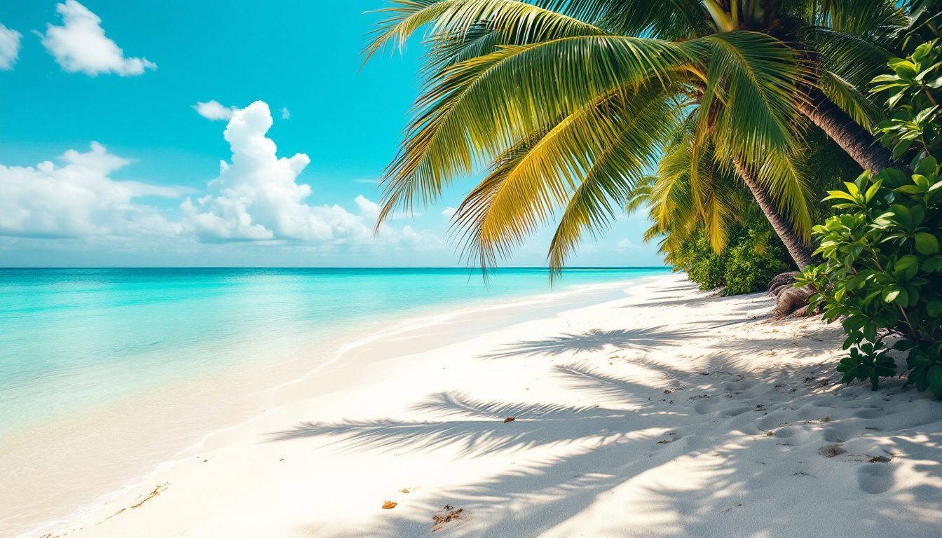 Una playa desierta de arena blanca con palmeras y agua cristalina.