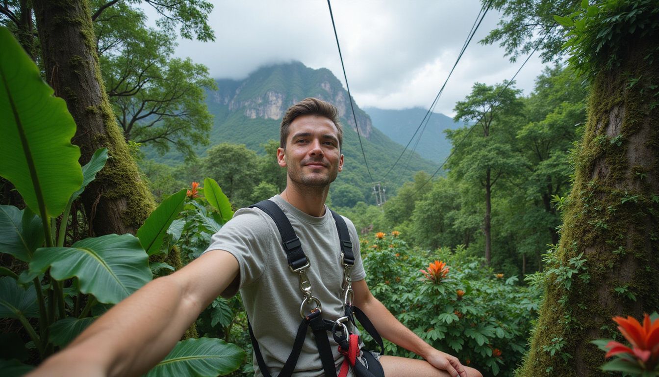 Una persona disfruta de una aventura en tirolesa a través de una exuberante selva tropical.