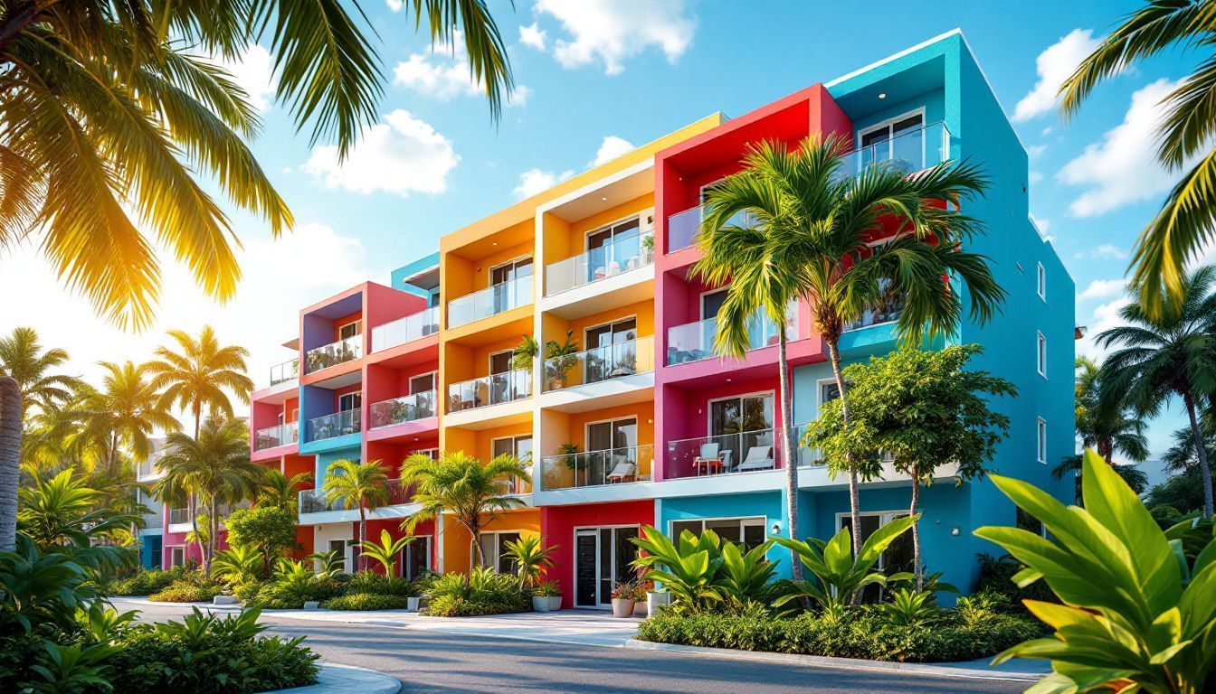 Un moderno edificio de apartamentos en República Dominicana rodeado de plantas tropicales.