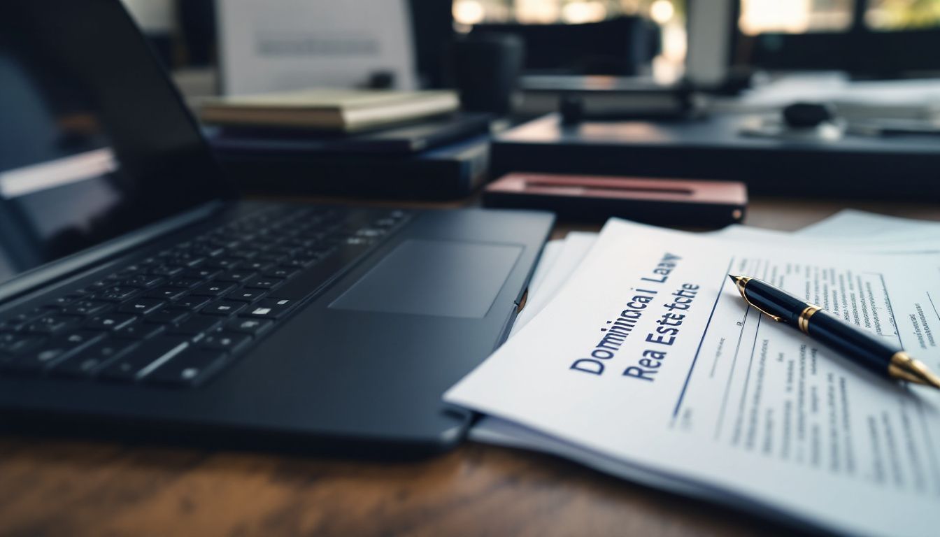 Escritorio de oficina vacío con documentos legales y regazotop.