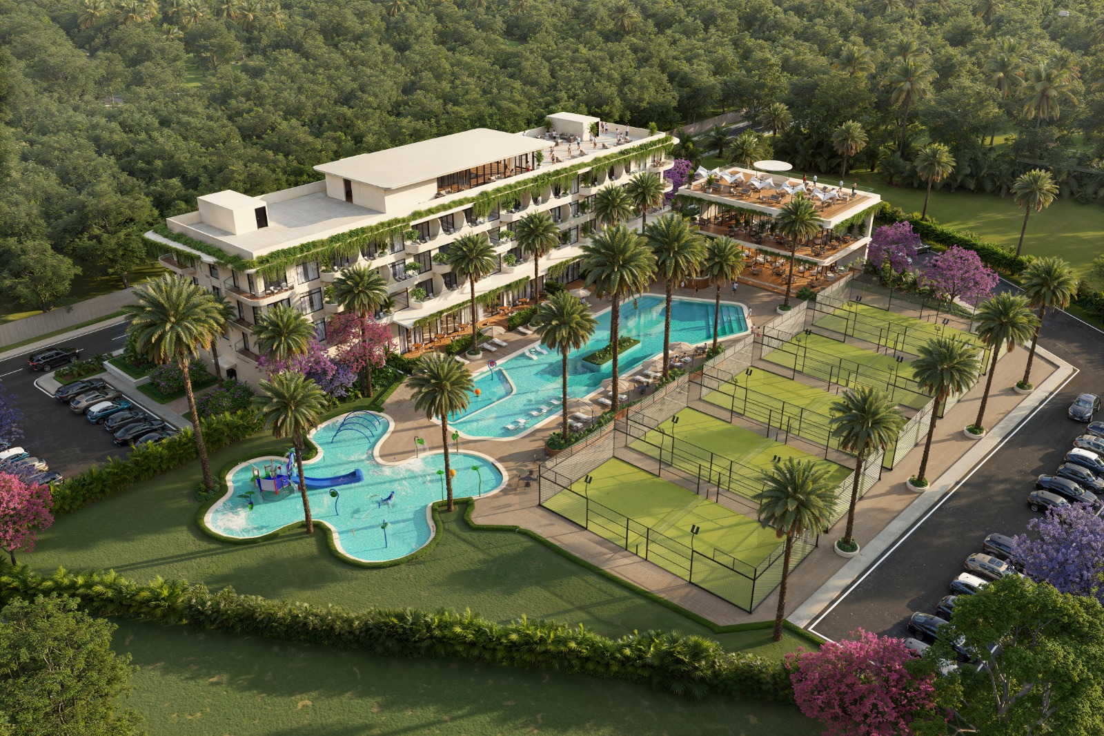 Aerial of the resort: hotel, pools, padel courts and gardens