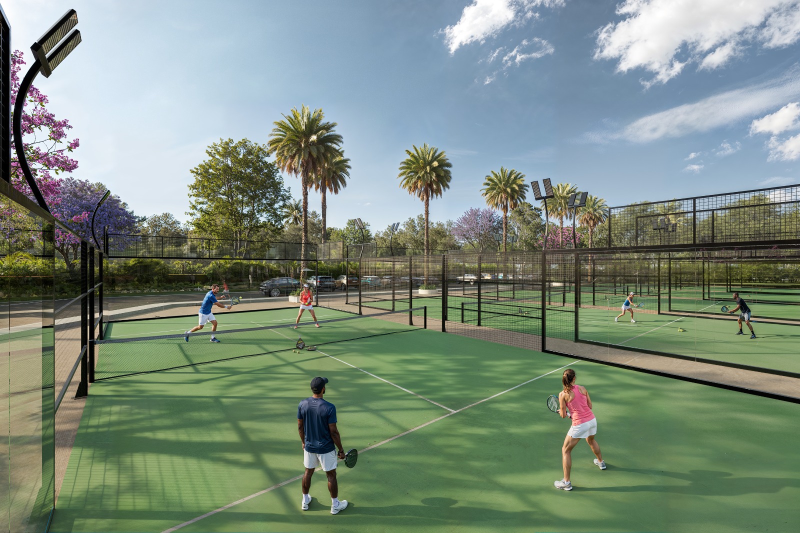 Padel courts with players in action