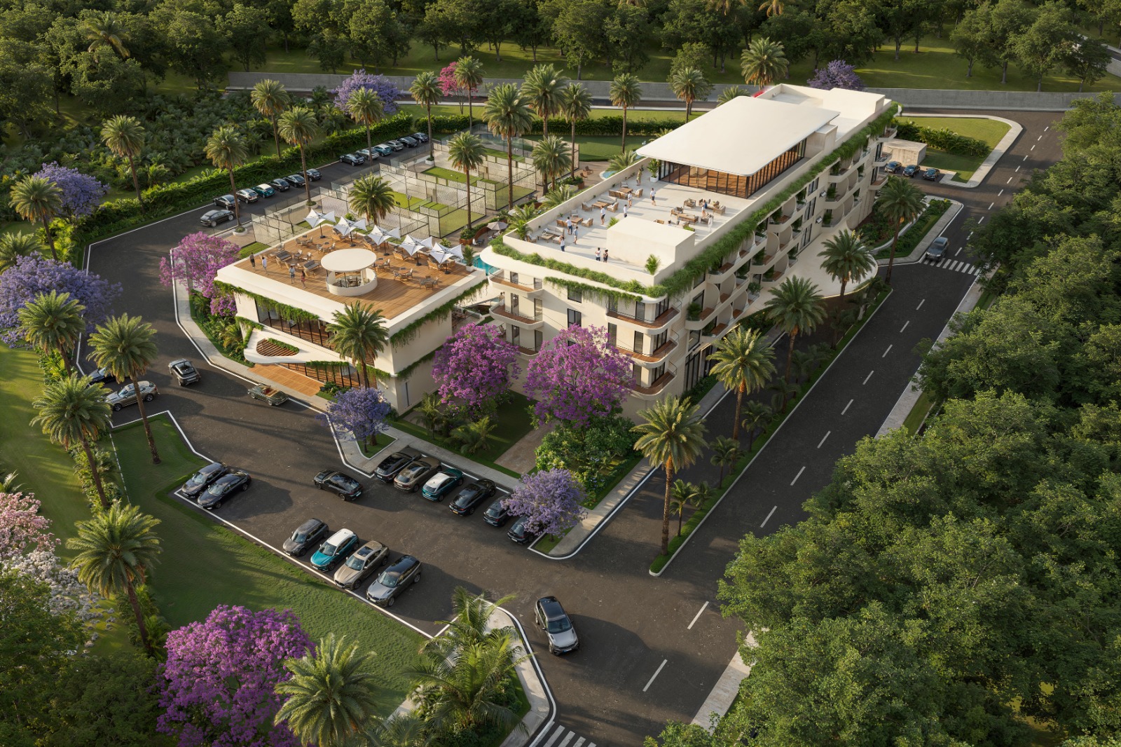 Elevated view of the NOMAD hotel with rooftop terraces and grounds