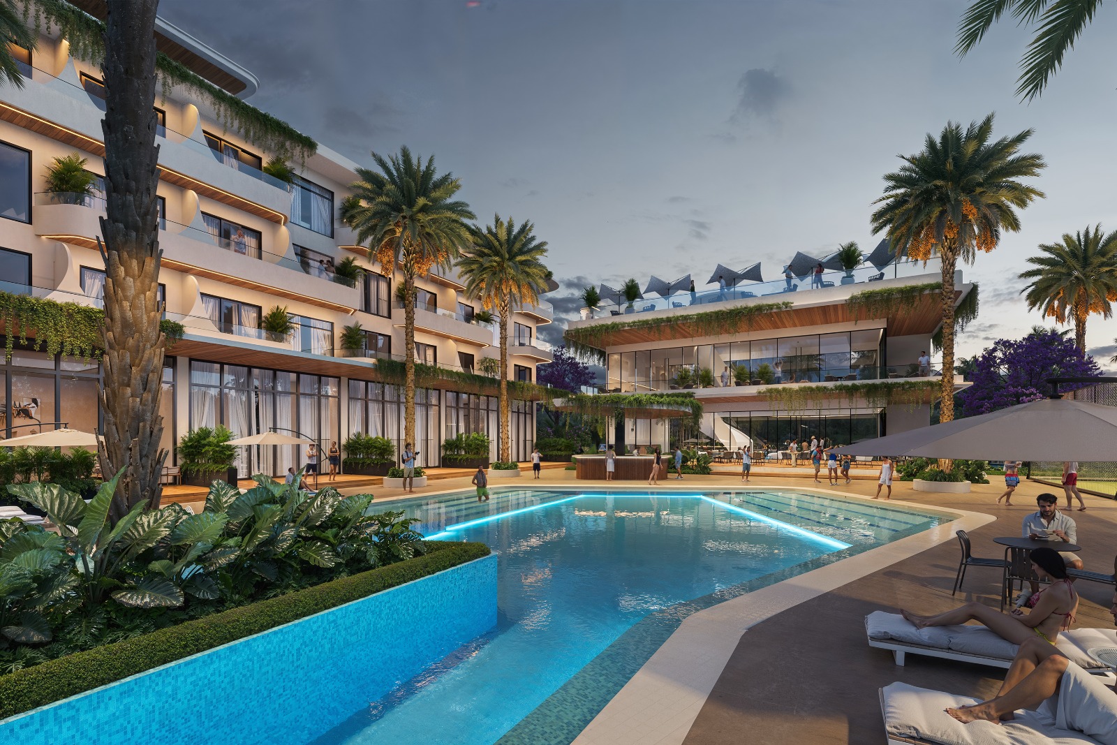 NOMAD pool and lounge at dusk